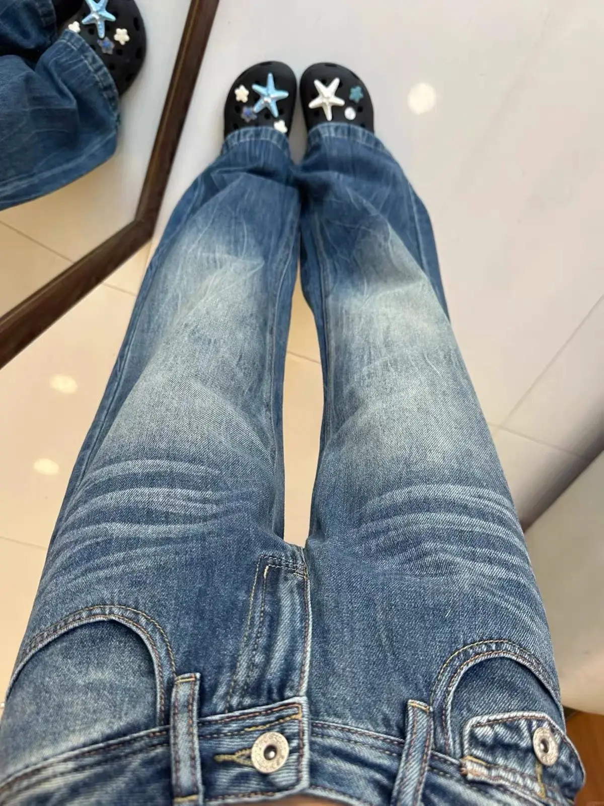 Low Waist Straight Wide Leg Jeans Women Autumn New Washed Draped Slim Retro Streetwear Denim Pants