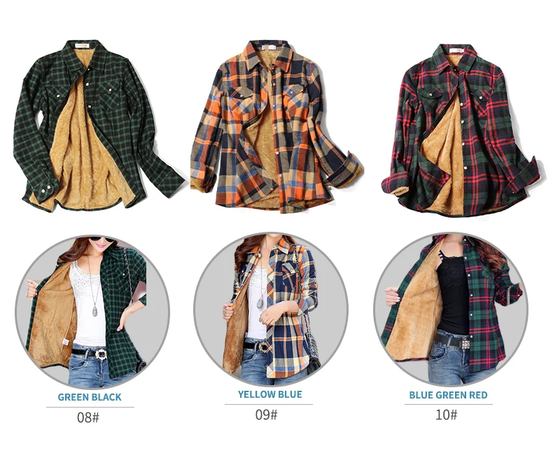 Velvet Thick Warm Women's Plaid Shirt, Female Long Sleeve Tops, M-5XL Winter Fleece Casual Check Blouse, Autumn Clothes T77710A