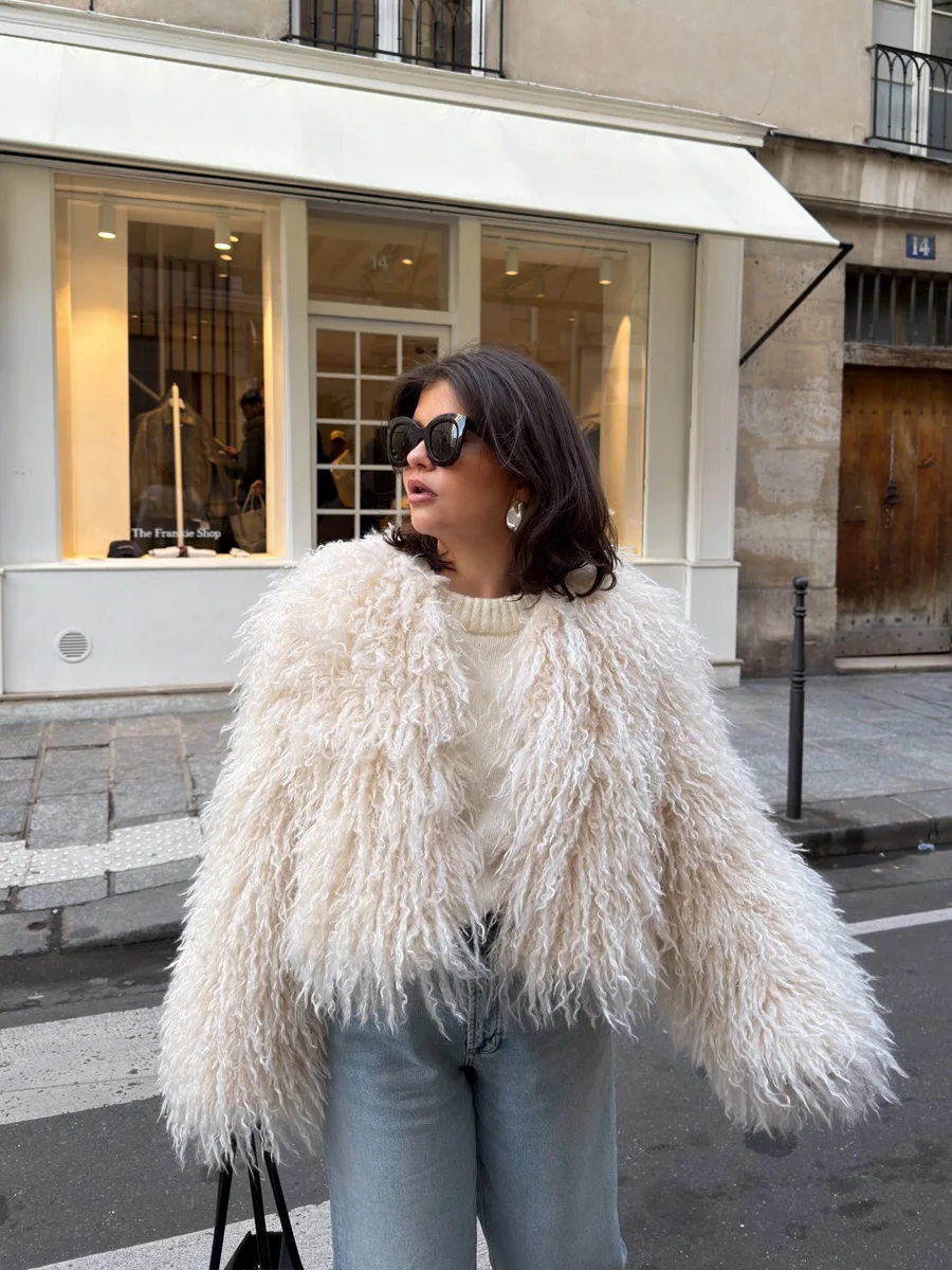 Winter Fluffy Warm Fur Cardigan Cotton Jacket Cropped Outerwear Chic Street Girls Round Neck Faux Sheep Fur Coat Women