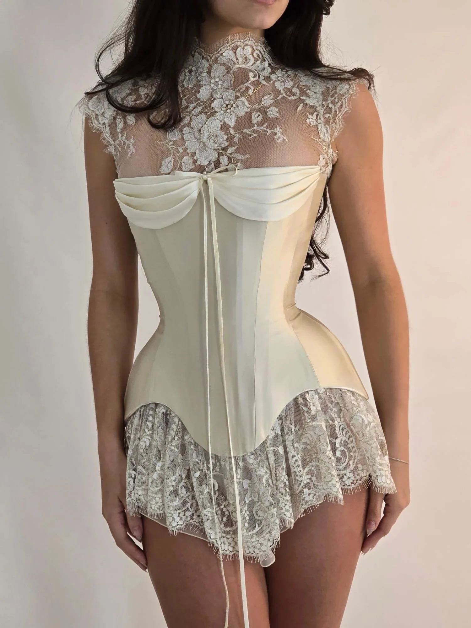 MAE Custom Ivory High Neck Evening Dress Floral Lace Corset Prom Dresses Mini Vestidos De Noche Ruffle Formal Evening 2026