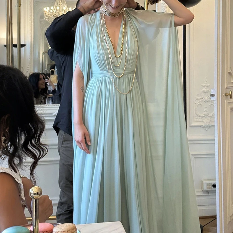Temperament High Waist Pleated Dress French Style Simple Chiffon Flowy Maxi Dress Elegant V-neck Long Sleeve Slim Banquet Dress