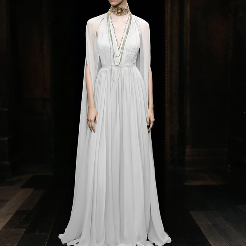 Temperament High Waist Pleated Dress French Style Simple Chiffon Flowy Maxi Dress Elegant V-neck Long Sleeve Slim Banquet Dress