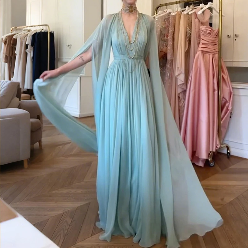 Temperament High Waist Pleated Dress French Style Simple Chiffon Flowy Maxi Dress Elegant V-neck Long Sleeve Slim Banquet Dress
