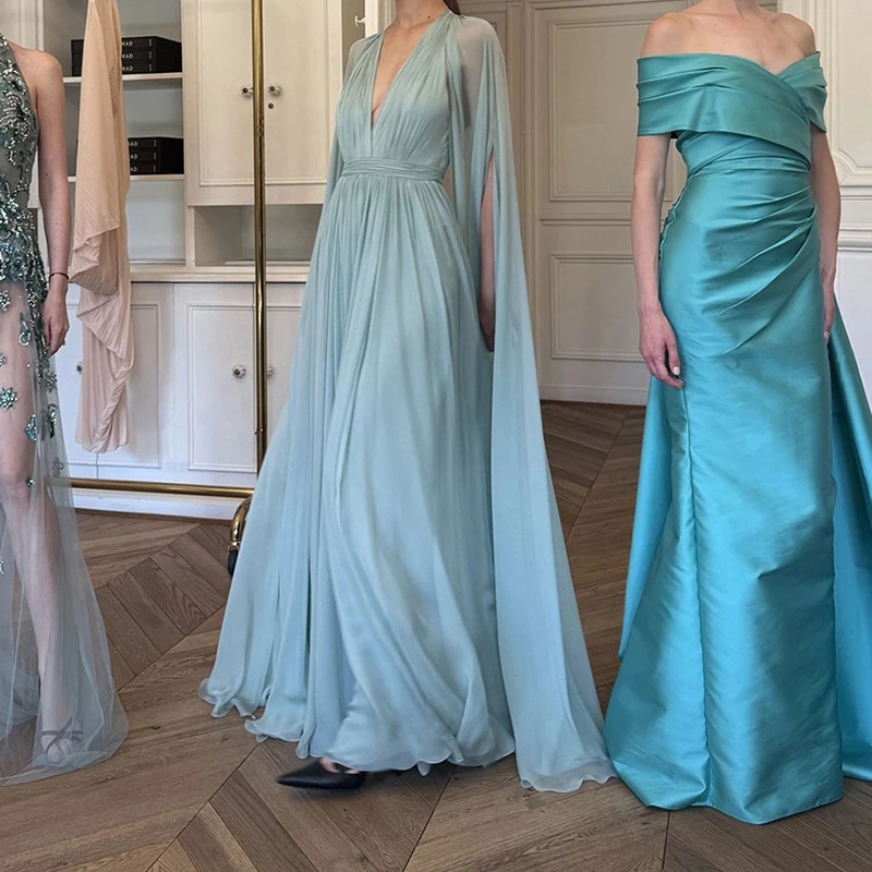 Temperament High Waist Pleated Dress French Style Simple Chiffon Flowy Maxi Dress Elegant V-neck Long Sleeve Slim Banquet Dress
