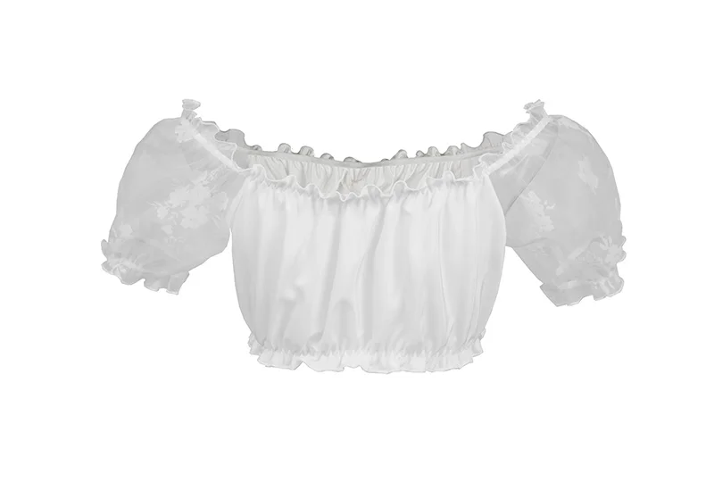 Women Black Organza Flocked Floral Off Shoulder Short Sleeve Summer Crop Tops Tee Tank Top Clubwear Corset Matching Accessories