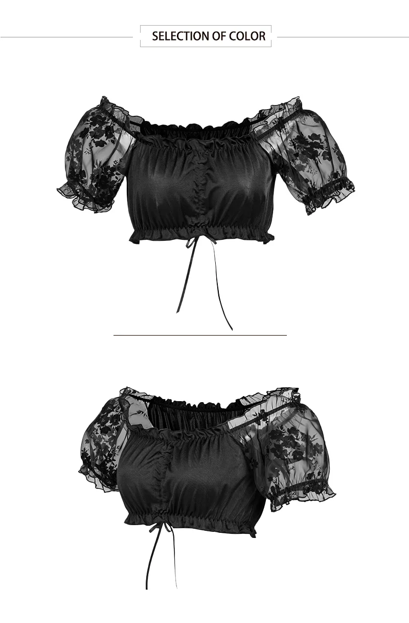 Women Black Organza Flocked Floral Off Shoulder Short Sleeve Summer Crop Tops Tee Tank Top Clubwear Corset Matching Accessories