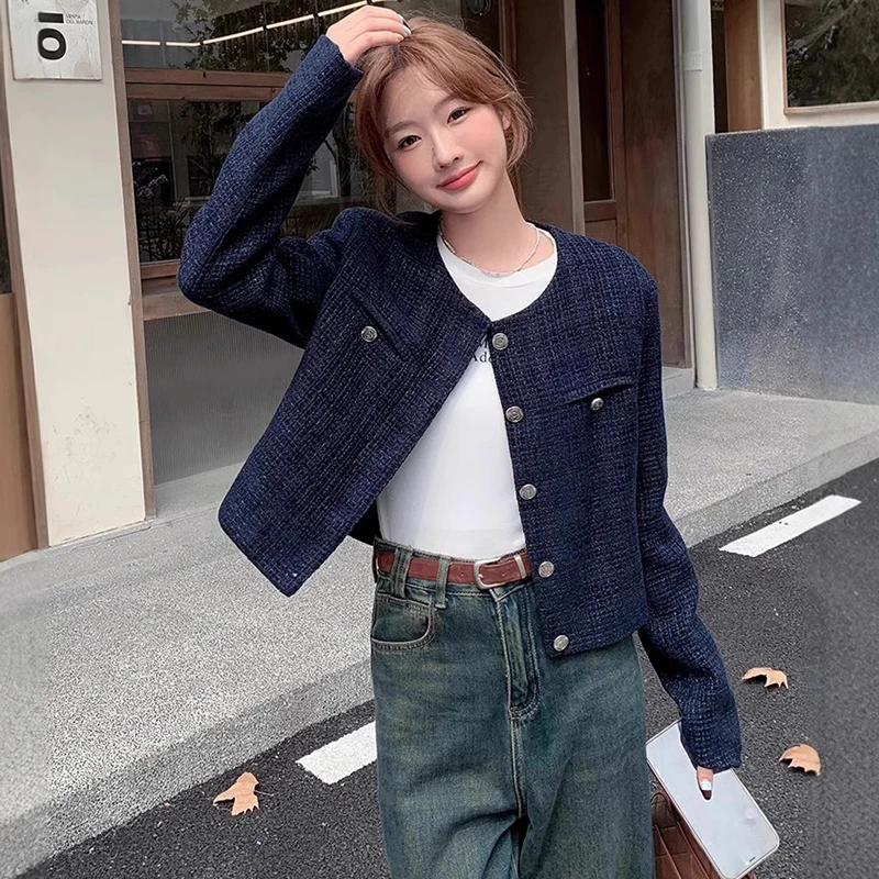 Korean Fashion Blend Tweed Cropped Jacket Women 2026 Autumn Round Neck Long Sleeve Coats Woman Chic Button Up Short Coat Female
