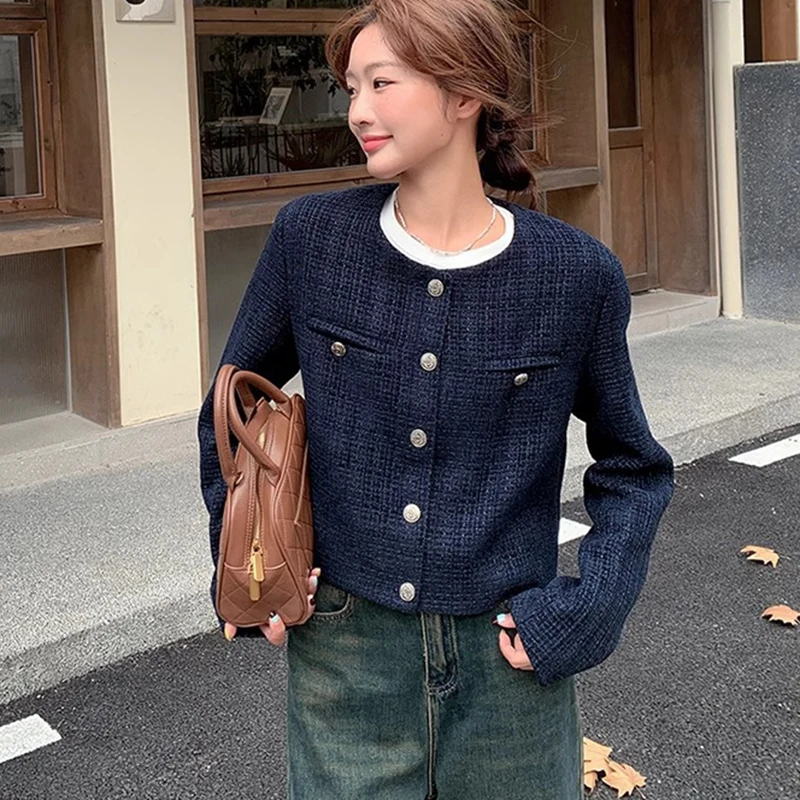 Korean Fashion Blend Tweed Cropped Jacket Women 2026 Autumn Round Neck Long Sleeve Coats Woman Chic Button Up Short Coat Female
