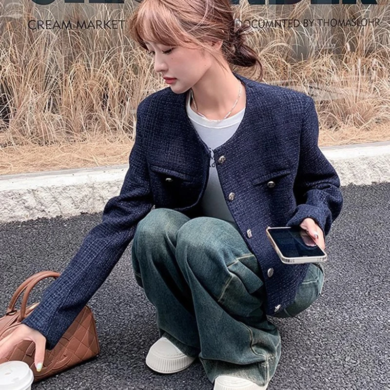 Korean Fashion Blend Tweed Cropped Jacket Women 2026 Autumn Round Neck Long Sleeve Coats Woman Chic Button Up Short Coat Female