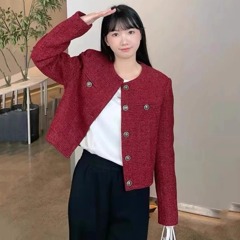 Korean Fashion Blend Tweed Cropped Jacket Women 2026 Autumn Round Neck Long Sleeve Coats Woman Chic Button Up Short Coat Female