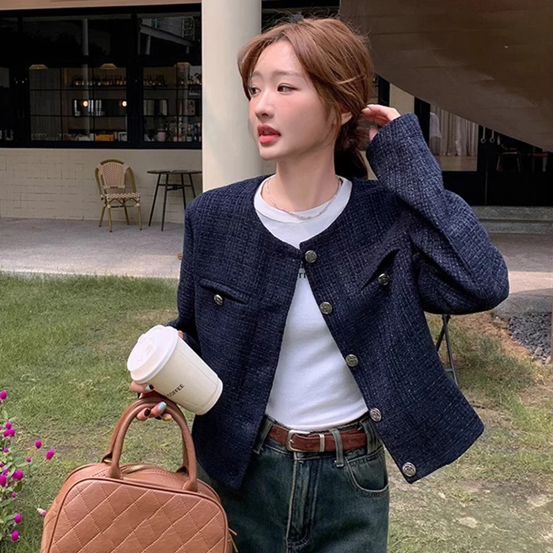 Korean Fashion Blend Tweed Cropped Jacket Women 2026 Autumn Round Neck Long Sleeve Coats Woman Chic Button Up Short Coat Female