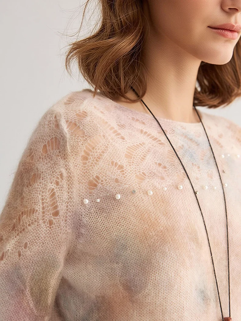 SuyaDream, Gradient Tie‑Dye Mohair Women Sweater Round Neck Hollow Lace Knit Pearl Beaded Loose Long Sleeve Pullover Top