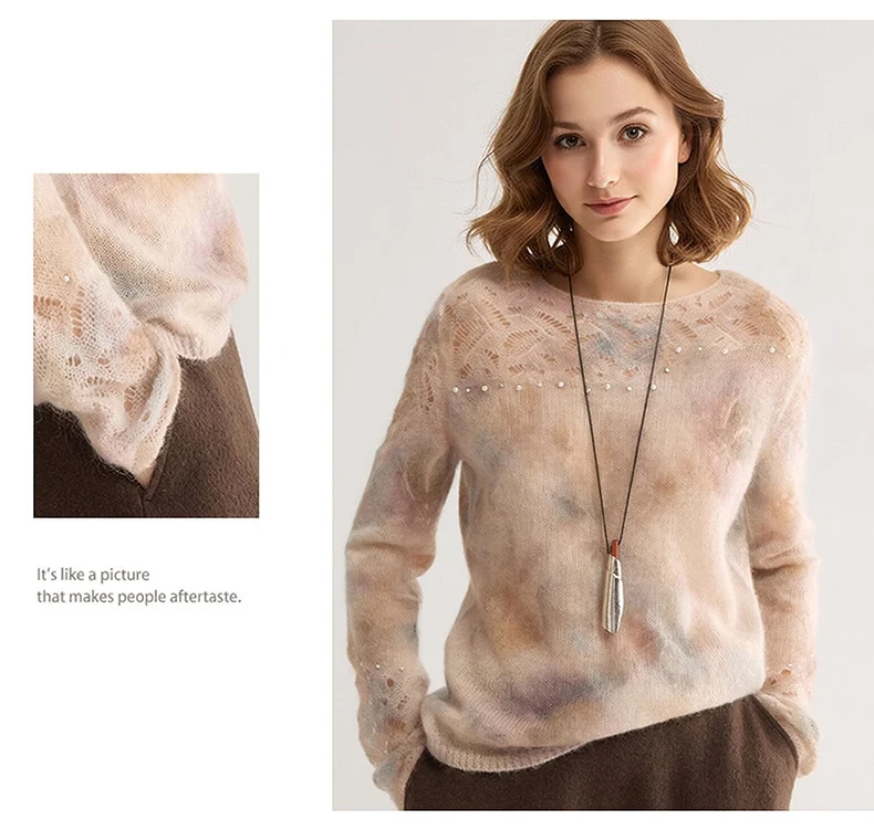 SuyaDream, Gradient Tie‑Dye Mohair Women Sweater Round Neck Hollow Lace Knit Pearl Beaded Loose Long Sleeve Pullover Top
