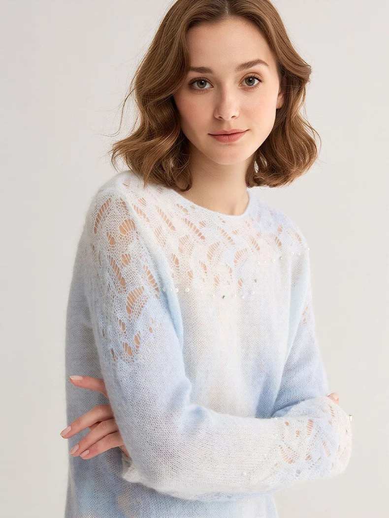SuyaDream, Gradient Tie‑Dye Mohair Women Sweater Round Neck Hollow Lace Knit Pearl Beaded Loose Long Sleeve Pullover Top