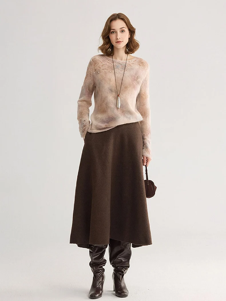 SuyaDream, Gradient Tie‑Dye Mohair Women Sweater Round Neck Hollow Lace Knit Pearl Beaded Loose Long Sleeve Pullover Top