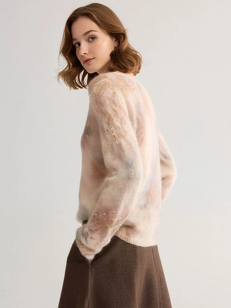 SuyaDream, Gradient Tie‑Dye Mohair Women Sweater Round Neck Hollow Lace Knit Pearl Beaded Loose Long Sleeve Pullover Top