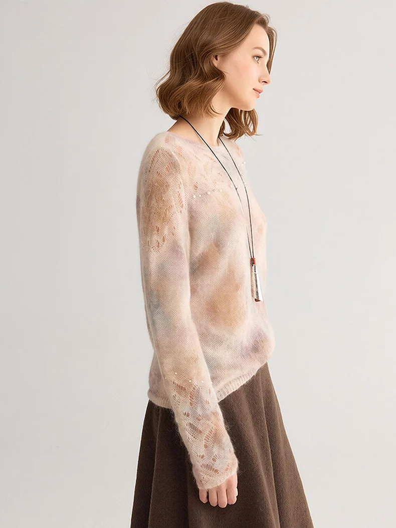 SuyaDream, Gradient Tie‑Dye Mohair Women Sweater Round Neck Hollow Lace Knit Pearl Beaded Loose Long Sleeve Pullover Top