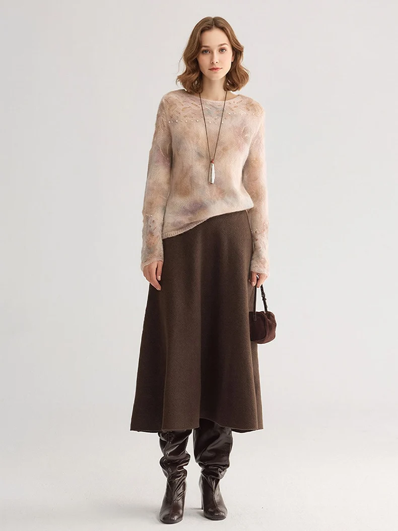 SuyaDream, Gradient Tie‑Dye Mohair Women Sweater Round Neck Hollow Lace Knit Pearl Beaded Loose Long Sleeve Pullover Top