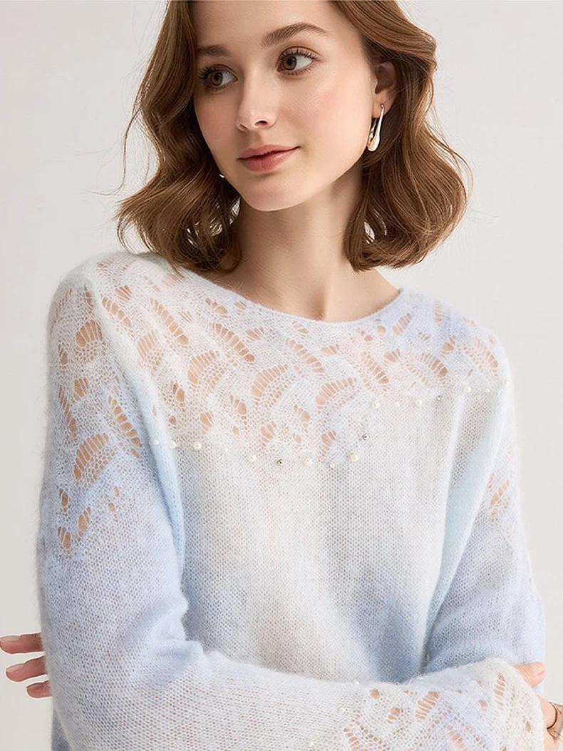 SuyaDream, Gradient Tie‑Dye Mohair Women Sweater Round Neck Hollow Lace Knit Pearl Beaded Loose Long Sleeve Pullover Top