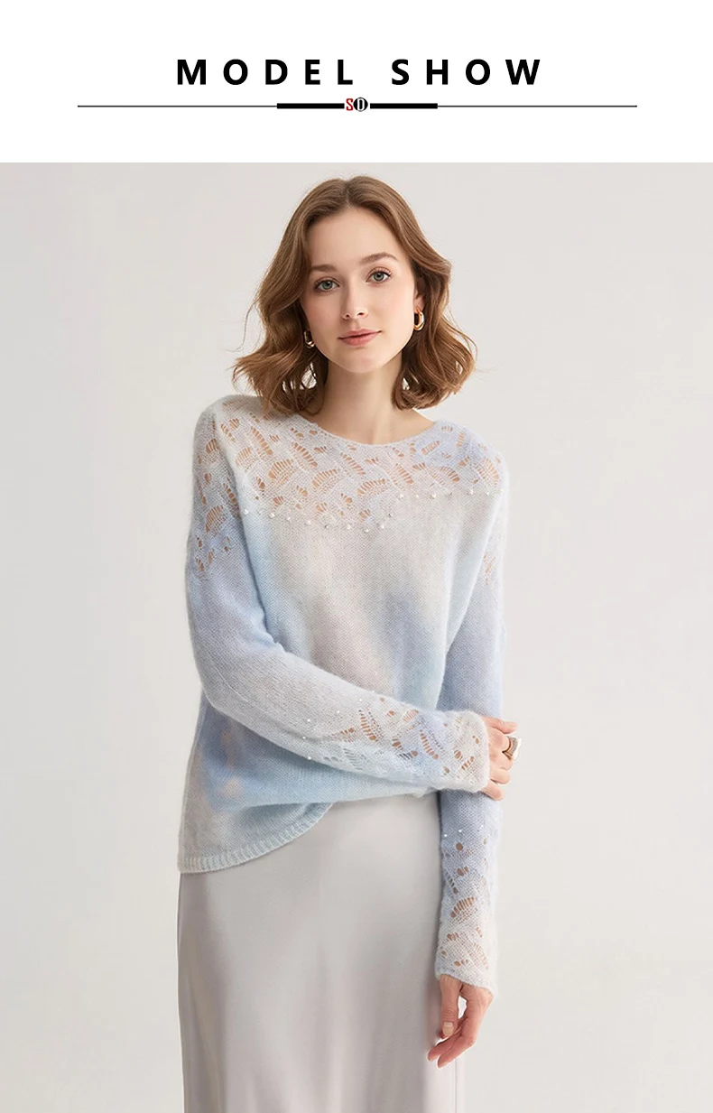 SuyaDream, Gradient Tie‑Dye Mohair Women Sweater Round Neck Hollow Lace Knit Pearl Beaded Loose Long Sleeve Pullover Top