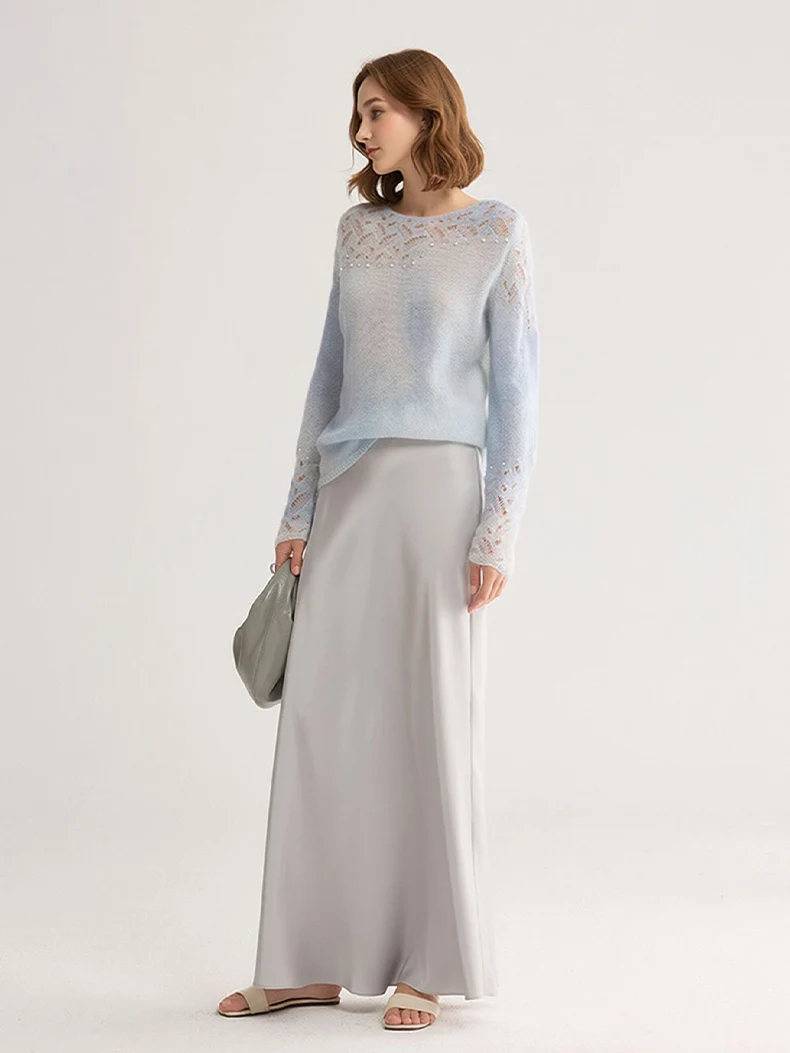 SuyaDream, Gradient Tie‑Dye Mohair Women Sweater Round Neck Hollow Lace Knit Pearl Beaded Loose Long Sleeve Pullover Top