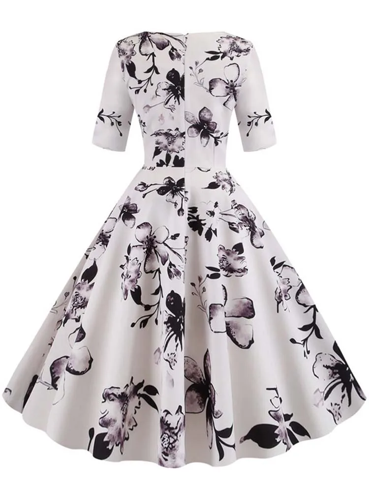 Half Sleeve Black Summer Women Dress Floral Print Vintage Party Dresses Robe Casual Retro A-Line Vestidos