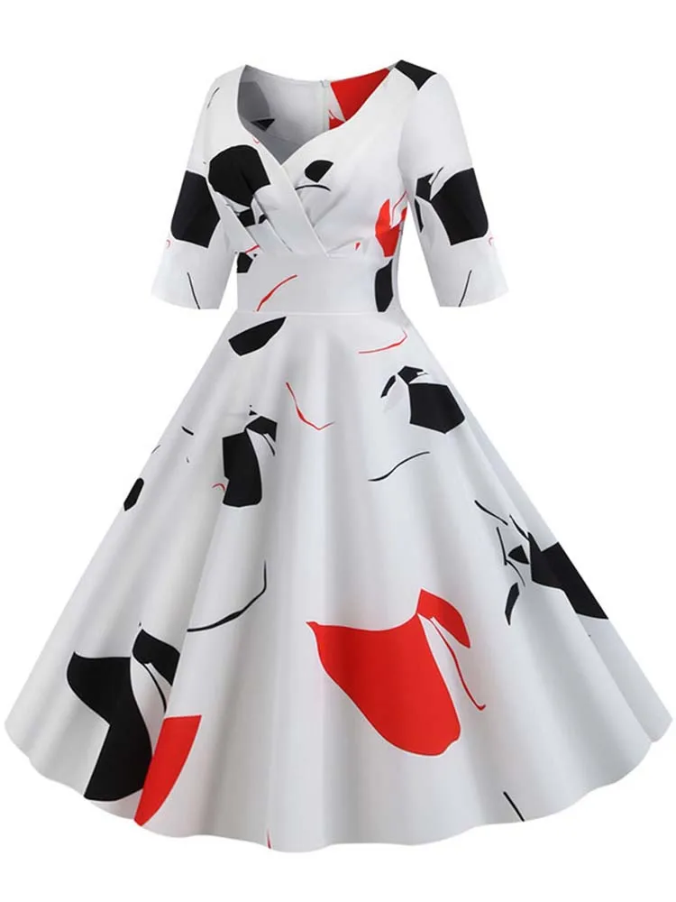 Half Sleeve Black Summer Women Dress Floral Print Vintage Party Dresses Robe Casual Retro A-Line Vestidos