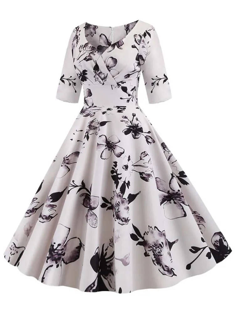 Half Sleeve Black Summer Women Dress Floral Print Vintage Party Dresses Robe Casual Retro A-Line Vestidos