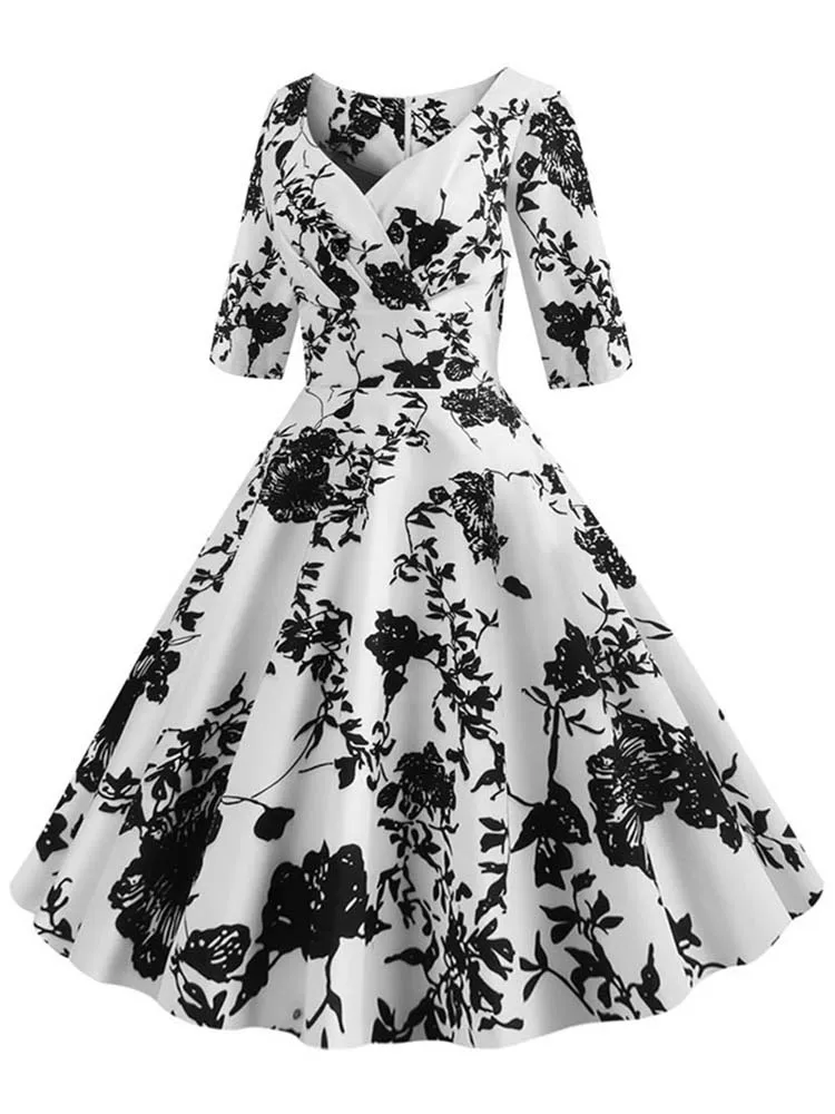 Half Sleeve Black Summer Women Dress Floral Print Vintage Party Dresses Robe Casual Retro A-Line Vestidos