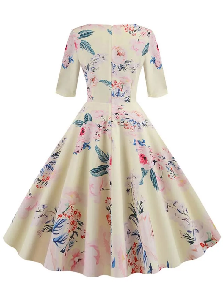 Half Sleeve Black Summer Women Dress Floral Print Vintage Party Dresses Robe Casual Retro A-Line Vestidos