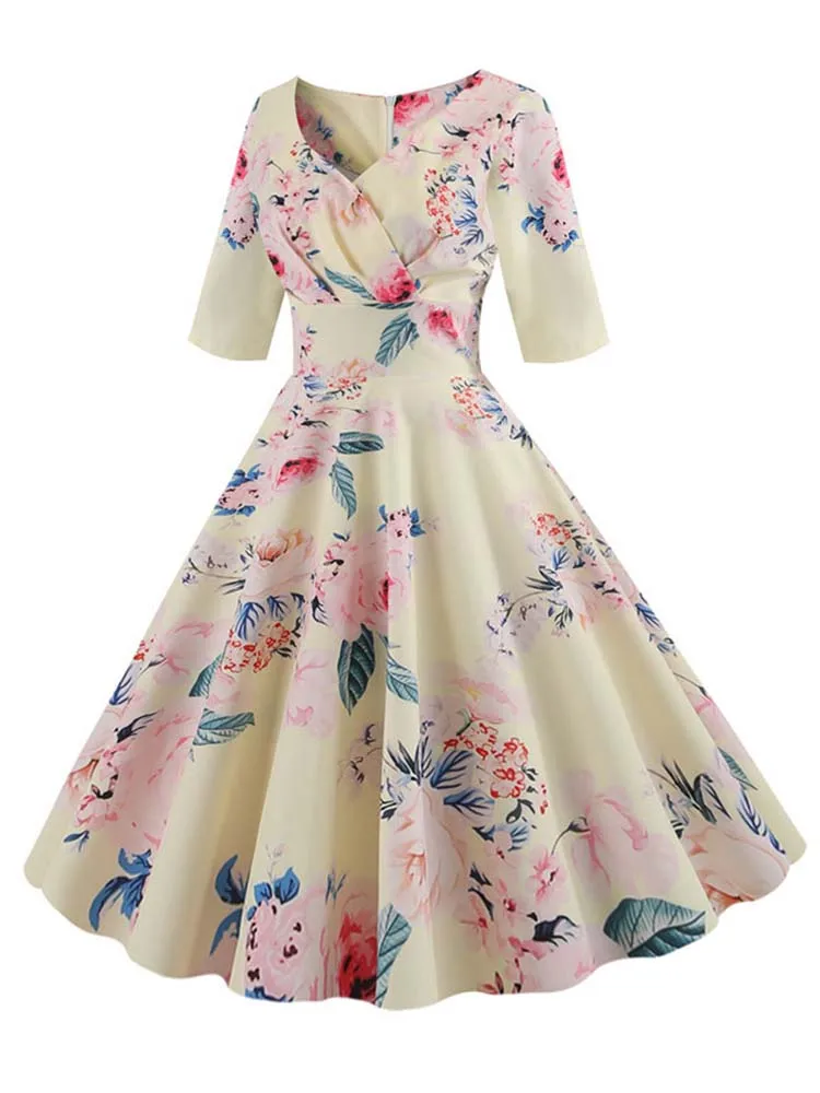 Half Sleeve Black Summer Women Dress Floral Print Vintage Party Dresses Robe Casual Retro A-Line Vestidos