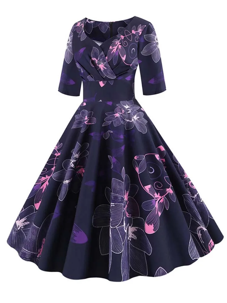 Half Sleeve Black Summer Women Dress Floral Print Vintage Party Dresses Robe Casual Retro A-Line Vestidos
