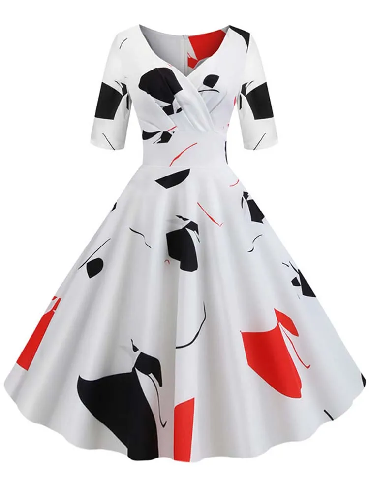 Half Sleeve Black Summer Women Dress Floral Print Vintage Party Dresses Robe Casual Retro A-Line Vestidos