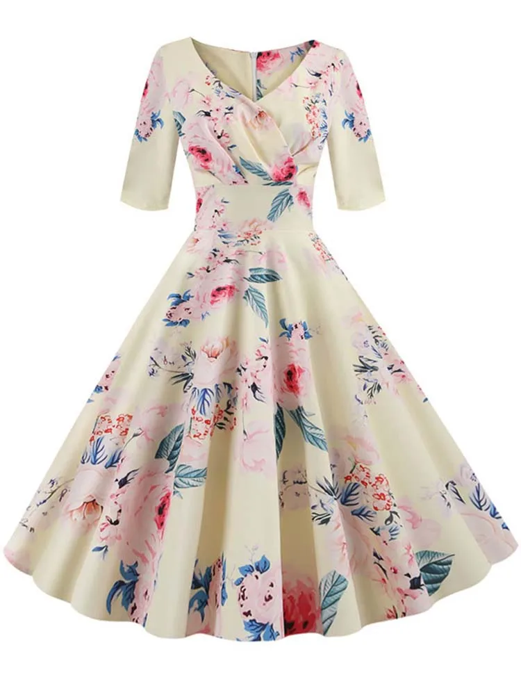 Half Sleeve Black Summer Women Dress Floral Print Vintage Party Dresses Robe Casual Retro A-Line Vestidos