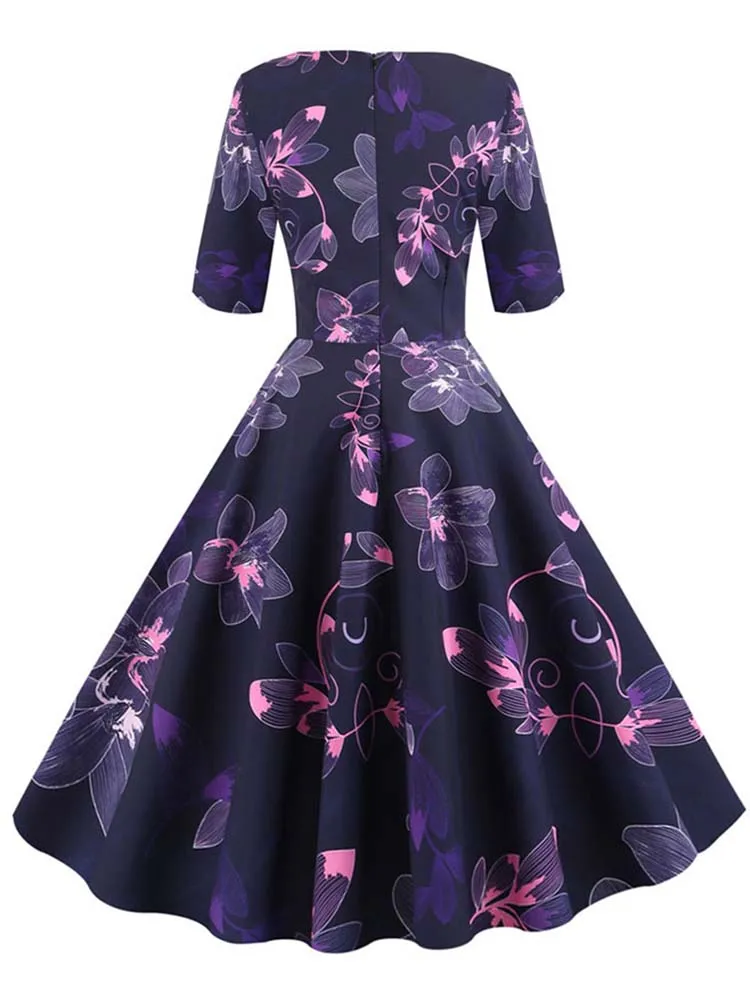 Half Sleeve Black Summer Women Dress Floral Print Vintage Party Dresses Robe Casual Retro A-Line Vestidos