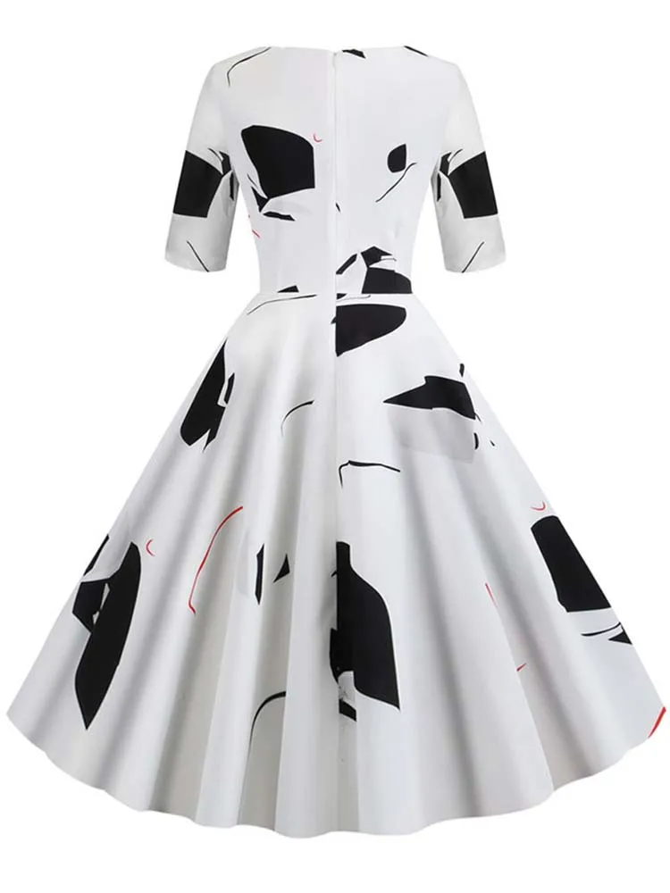 Half Sleeve Black Summer Women Dress Floral Print Vintage Party Dresses Robe Casual Retro A-Line Vestidos