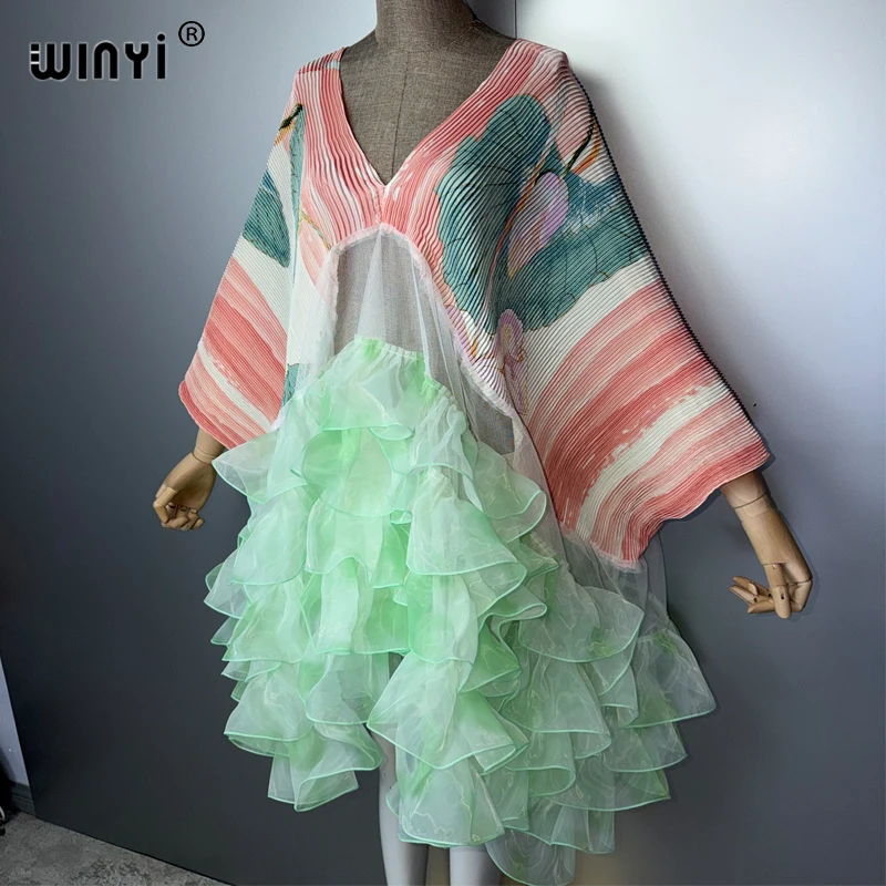 WINYI Women's Pleated Elastic Loose Dress Dubai Luxury Party Caftan Beach Cover up Middle East Abaya Muslim Kaftan Eveningwear