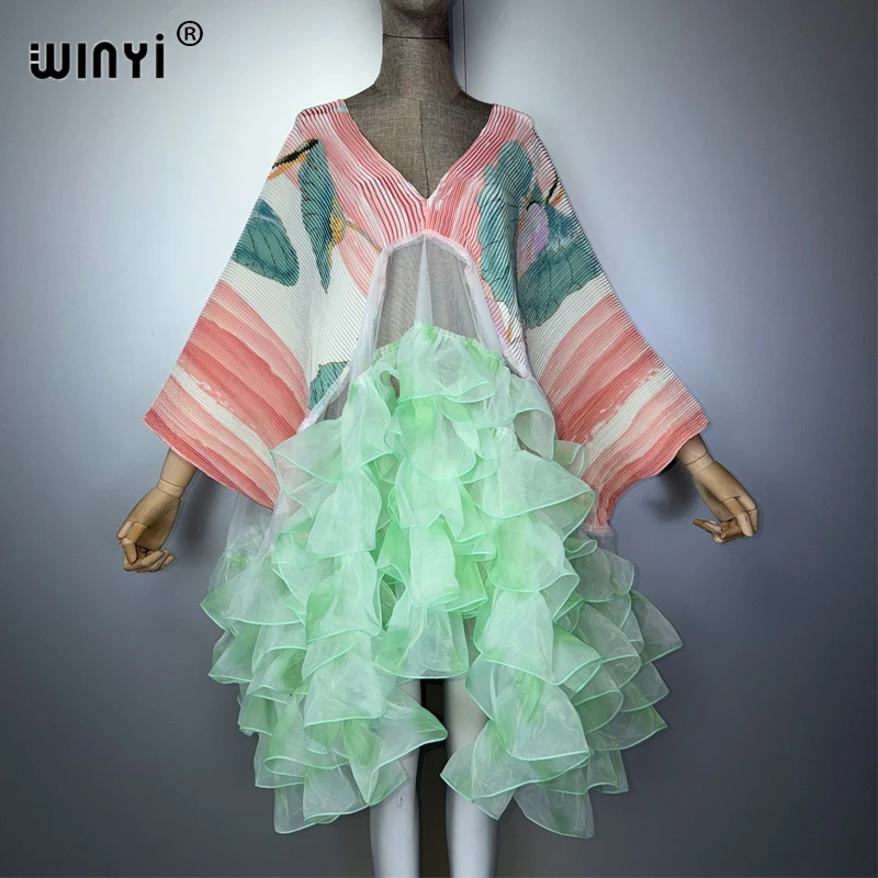 WINYI Women's Pleated Elastic Loose Dress Dubai Luxury Party Caftan Beach Cover up Middle East Abaya Muslim Kaftan Eveningwear