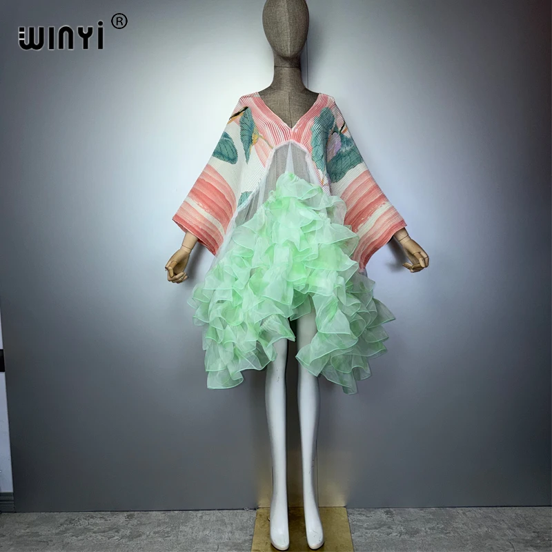 WINYI Women's Pleated Elastic Loose Dress Dubai Luxury Party Caftan Beach Cover up Middle East Abaya Muslim Kaftan Eveningwear