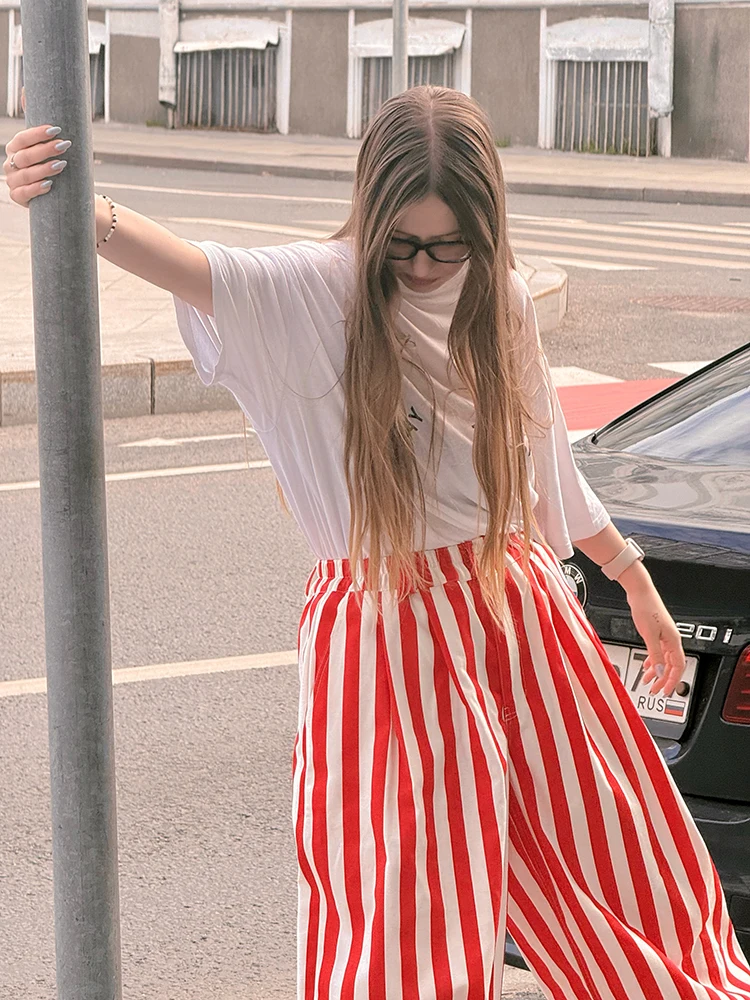 Women Retro Vertical Stripe Matching Two Piece Set Zip Hoodie Jacket Elastic Waist Wide Leg Pants Y2k Casual Street Outfit