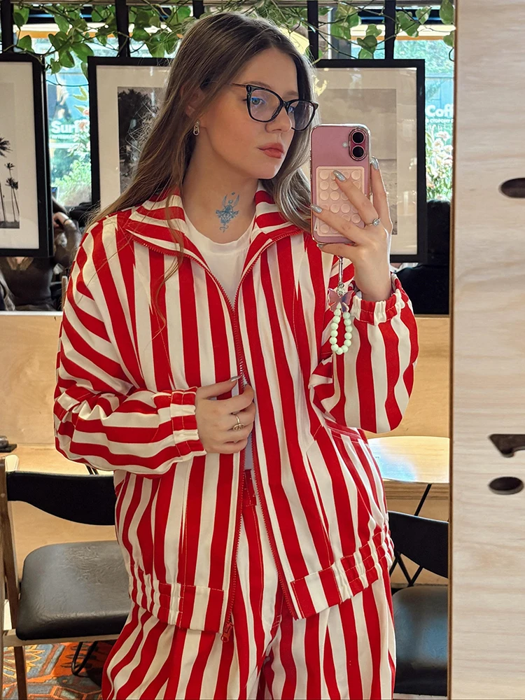 Women Retro Vertical Stripe Matching Two Piece Set Zip Hoodie Jacket Elastic Waist Wide Leg Pants Y2k Casual Street Outfit
