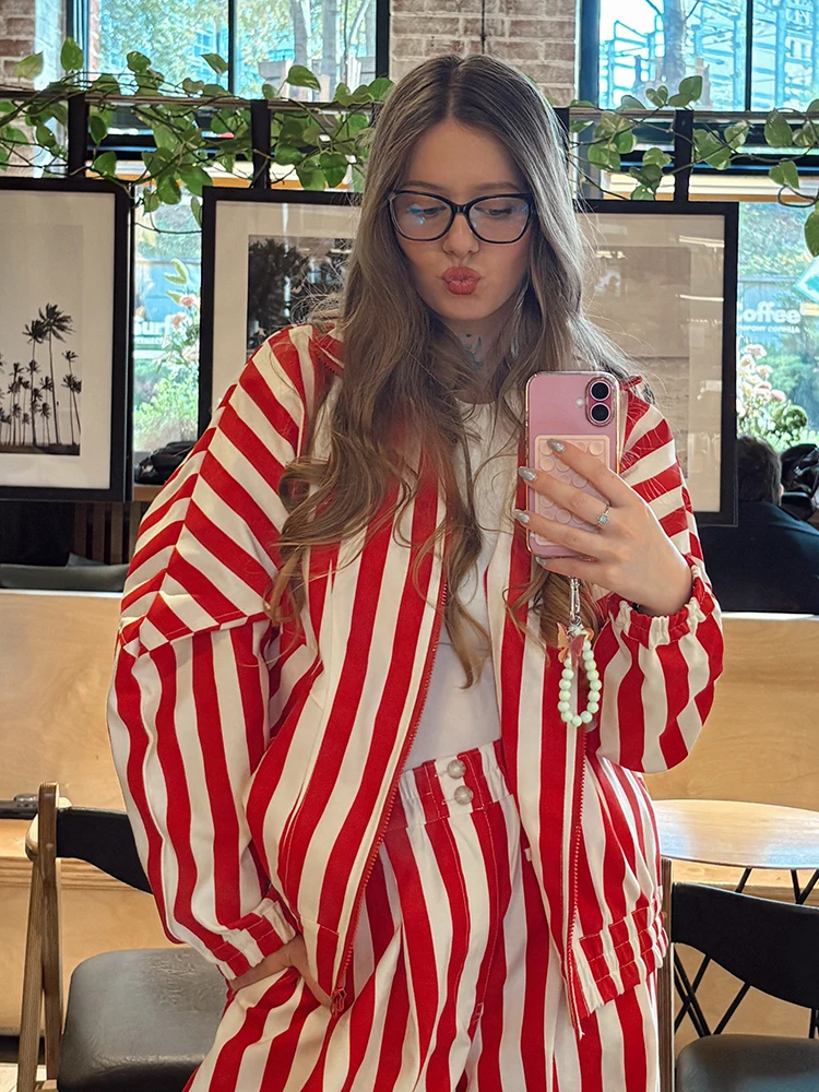 Women Retro Vertical Stripe Matching Two Piece Set Zip Hoodie Jacket Elastic Waist Wide Leg Pants Y2k Casual Street Outfit