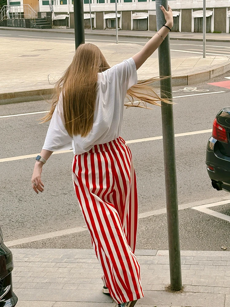 Women Retro Vertical Stripe Matching Two Piece Set Zip Hoodie Jacket Elastic Waist Wide Leg Pants Y2k Casual Street Outfit