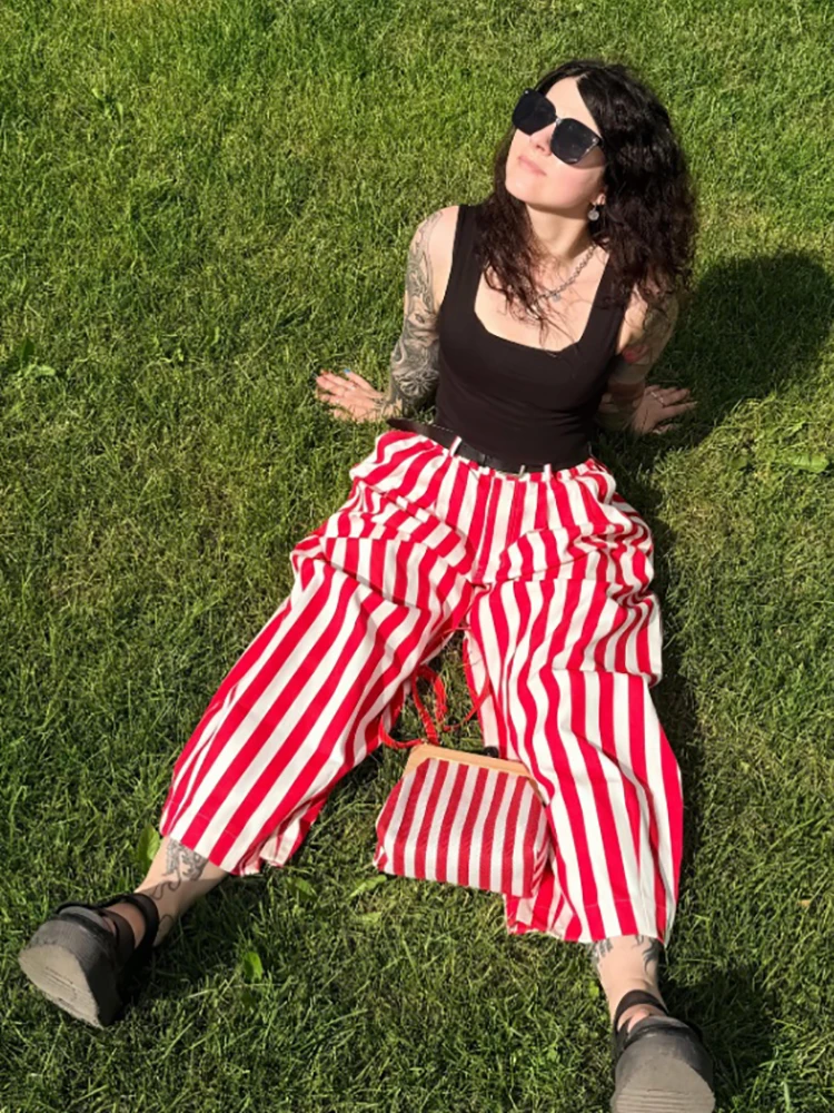 Women Retro Vertical Stripe Matching Two Piece Set Zip Hoodie Jacket Elastic Waist Wide Leg Pants Y2k Casual Street Outfit