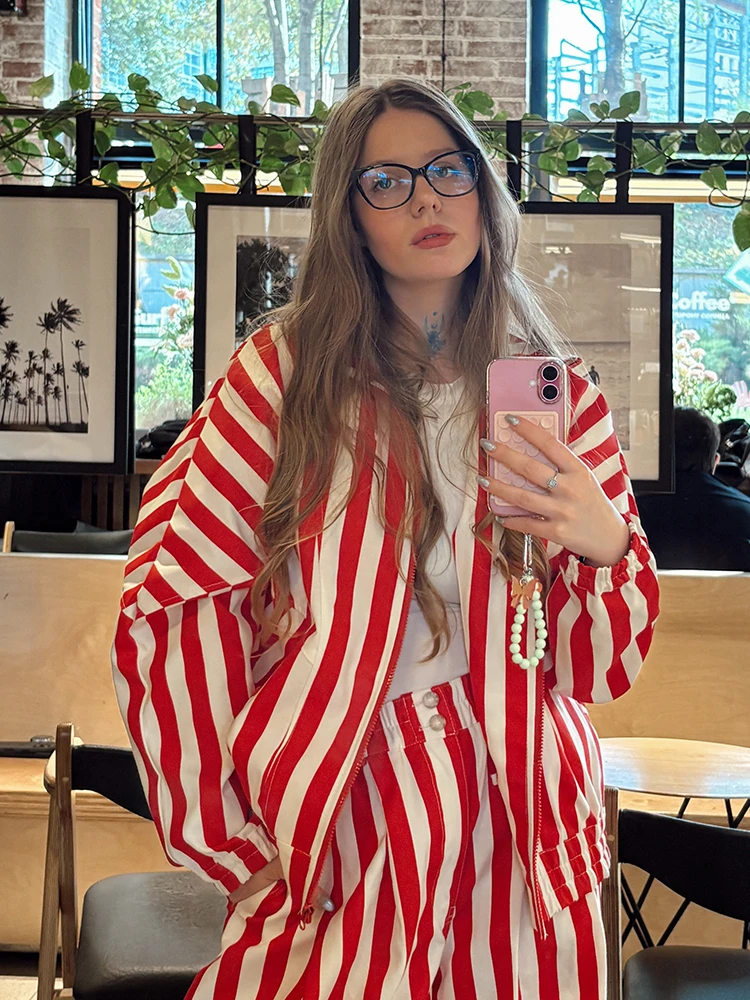 Women Retro Vertical Stripe Matching Two Piece Set Zip Hoodie Jacket Elastic Waist Wide Leg Pants Y2k Casual Street Outfit