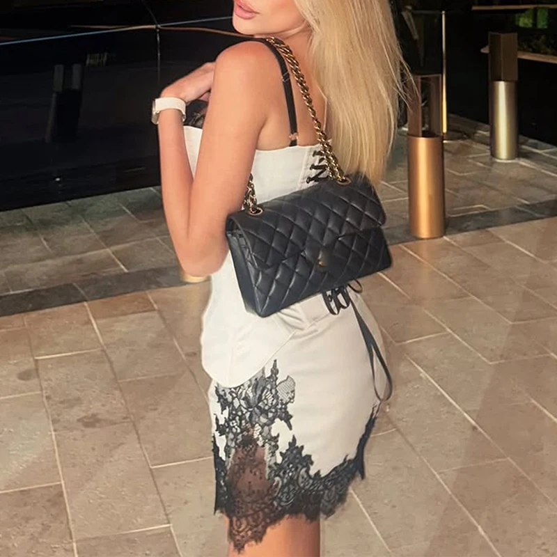 Sexy Hot Girl Tank Top+Hug Hip Skirt 2pc Set Fashion Solid Off Shoulder Suit Temperament Lace Splice Backless Club Party Outfit