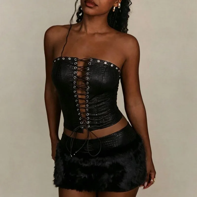 Hot Girls Sexy Lace-up Hollow PU Leather Set Women Strapless Slim Top & Feather Mini Skirts Outfit Summer Backelss Bodycon Suits