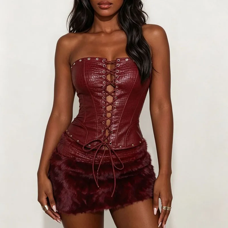 Hot Girls Sexy Lace-up Hollow PU Leather Set Women Strapless Slim Top & Feather Mini Skirts Outfit Summer Backelss Bodycon Suits