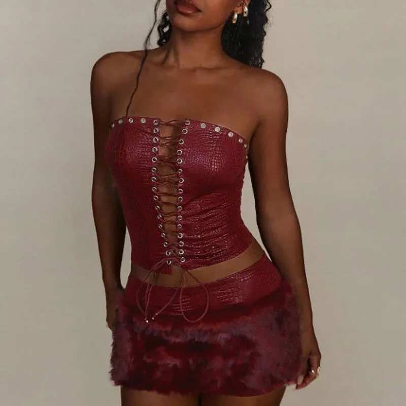 Hot Girls Sexy Lace-up Hollow PU Leather Set Women Strapless Slim Top & Feather Mini Skirts Outfit Summer Backelss Bodycon Suits
