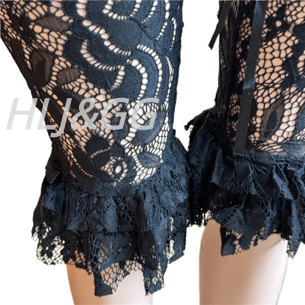 HLJ&GG Sexy Lace See Though Corset Two Piece Sets Women Off Shoulder Sleevelees Tube And Bandage Ruffle Shorts Outfit Streetwear